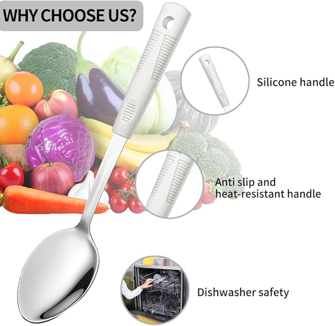 Stainless Steel Serving Spoons Set with Non-Slip Silicone Handles, 2-Piece Serving Spoon and Perforated Spoon, Home Kitchen, Parties & Daily Use – Beige