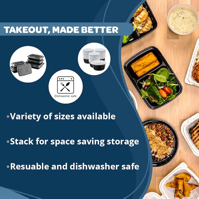 TIYA Food Containers - 32 oz Bulk 150 Pack with Lids - Rectangular Plastic To-Go Containers - Reusable, Microwavable, Dishwasher Safe - Leak-Proof for Meal Prep - BPA-Free