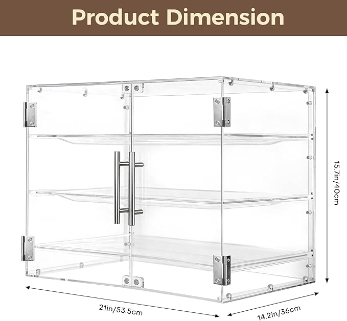 Bakery Display Case for Commercial Countertop, Acrylic 3-Tier Large Pastry Storage Box with Magnetic Door and Removable Tray for Dessert Donut Bread Cake Cupcake Cookie 21" x 16.2" x 14.2"