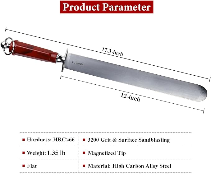 Sharpening Steel Knife Sharpener Rod Flat 12 Inches Honing Steel for Knives Heavy-duty Red