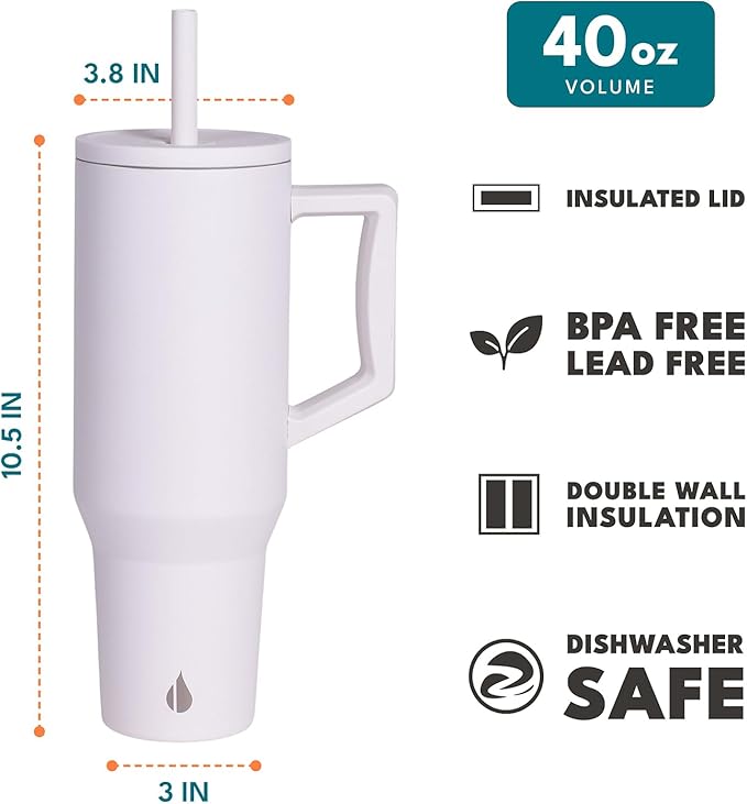 Elemental 40 oz Tumbler with Handle and Straw - Spill Proof Insulated Stainless Steel Commuter for Hot and Cold Beverages - Travel Coffee Mug with 2 Straws & Spill Proof Lid - 40oz - White