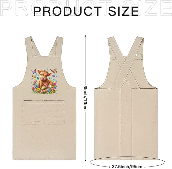 Cotton Linen Apron Non-tie Cross Back Kitchen Apron with Pockets Soft Comfortable Durable for Cooking Baking Gardening (Khaki,Highland Cattle)