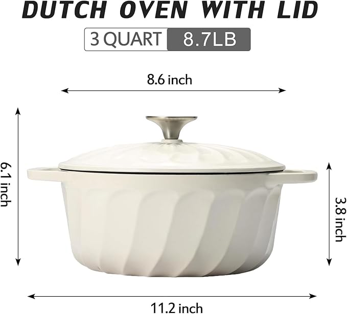 Enameled Cast Iron Dutch Oven with Lid, 3 QT Cast Iron Dutch Oven Pot, Heavy Duty Cast Iron Pot for Bread Baking, Cook, Bake, Oven Safe across All Cooktops (White,3 QT)