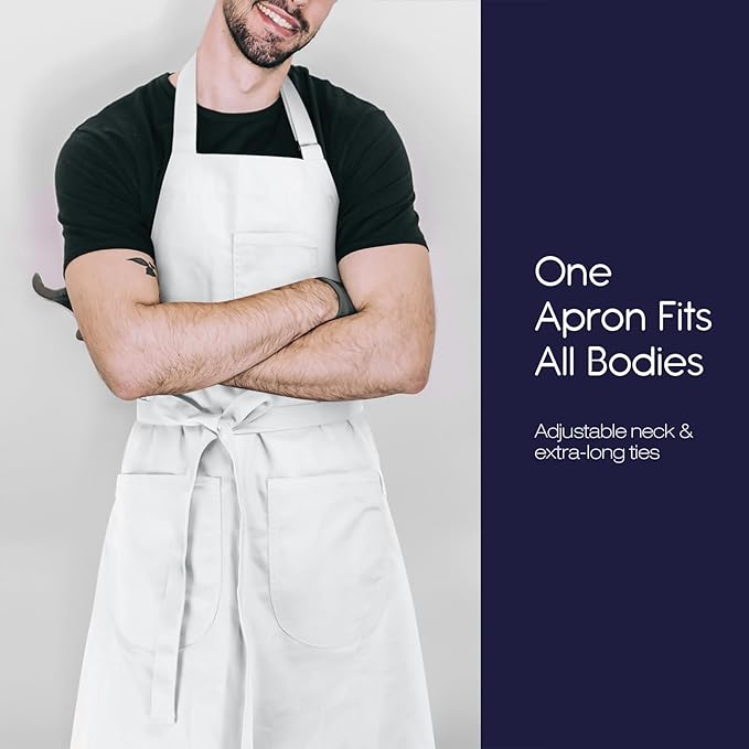 Unisex Apron with Pockets for Cooking, Salon & Art - 100% Cotton Adult Kitchen, Chef, Stylist Apron (White)