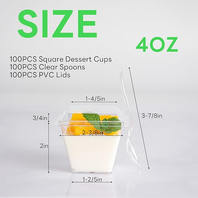 100 Pack 4 oz Mini Dessert Cups with Spoons and Lids, Clear Square Dessert Bowls Small Plastic Parfait Cups Appetizer Cups for Wedding Party