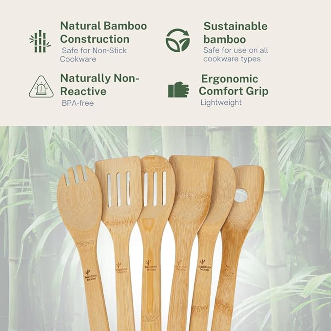 6 Piece kitchen utensils set - bamboo cooking utensils with comfort grip, including bamboo spoons, shovels & spatulas | wooden utensil set for non-stick pans, kitchen essentials