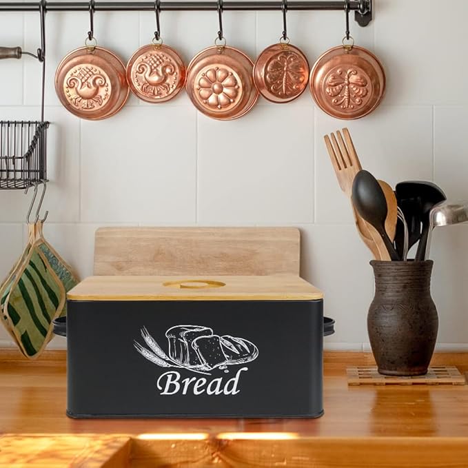 SOTECH Bread Box for Kitchen Countertop Metal BreadBox with Cutting Board Bamboo lid Black Bread Bin Farmhouse Food Storage Container Holder