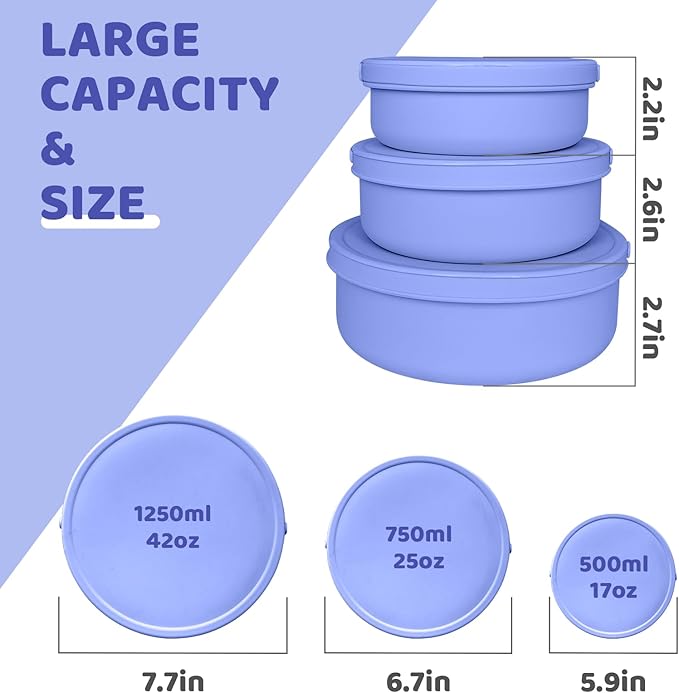 Silicone Food Storage Containers Bowl, Set of 3 Reusable Silicone Bento Lunch Box Containers with Lids (17oz, 25oz, 42oz) Dishwasher, Microwave and Freezer Safe (Indigo)