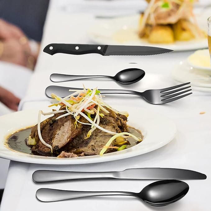 Black Cutlery Set for 4 Silverware Stainless Steel Flatware 24 Piece Fork Spoon Knives Perferct for Parties Restaurant Everyday Kitchen Utensils Mirror Polished