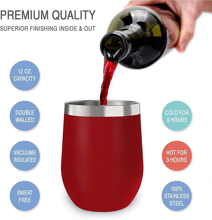 CHILLOUT LIFE 12 oz Stainless Steel Wine Tumblers 2 Pack - Double Wall Vacuum Insulated Wine Glasses Cups with Lids and Straws Set Keeping Cold & Hot for Coffee, Beer, Ice Cream - Powder Coated Red
