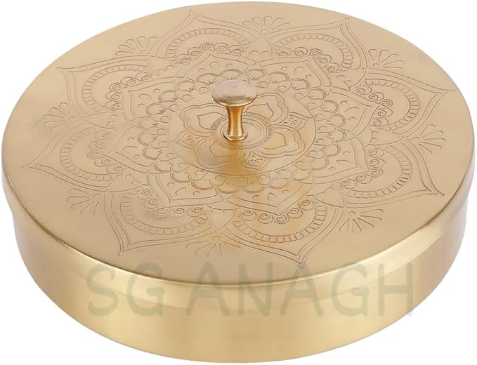 Brass Round Spice Box Masala Dabba-Spice Box Set With Spoon Container 90 ML Indian Masaladanni for Kitchen Counter 8 Inch With Spoon (Floral, 8 Inch (Medium Family)