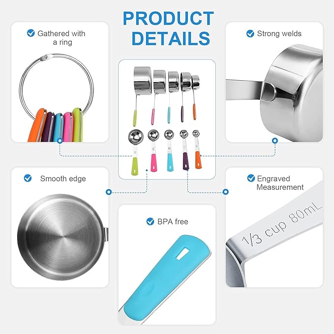 Stainless Steel Measuring Cups Set (8 Cups, Colorful)