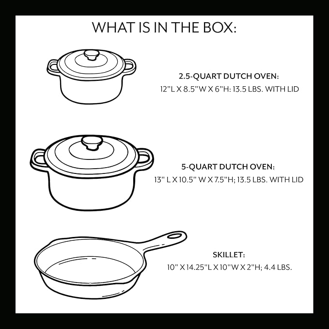 Sur La Table Enameled Cast Iron Cookware Set – Includes 5-Qt & 2.5-Qt Dutch Ovens with Lids and 10" Skillet, Oven to 500°F, Induction Compatible, Essential Starter Gift Set, White