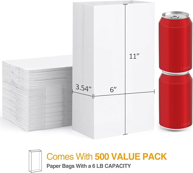 BagDream 500 Pack Paper Lunch Bags 6 Lb White Kraft Bag Small Paper Bags Grocery Sacks for Snacks, Crafts, Lunch 6 lb Capacity