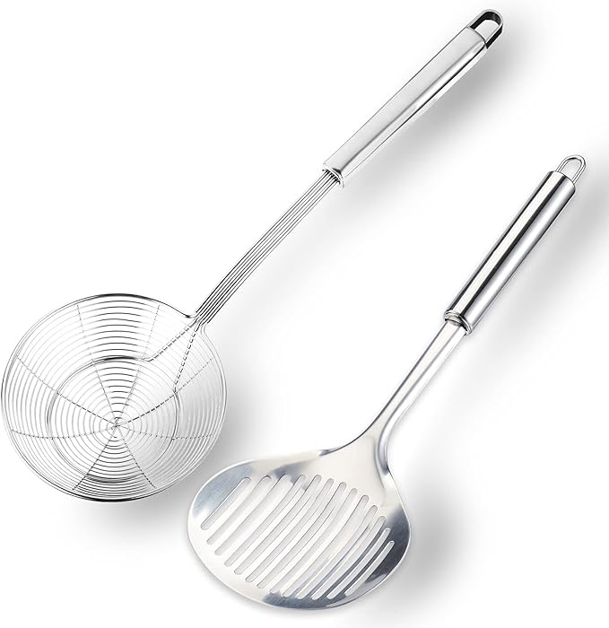 Multi Kitchen Utensil Stainless Steel Cooking Skimmer Slotted Fish Turner Spatula Spoon Colander Drain Water Filter Spoon Ladle Spider Strainer Skimmer Ladle for Cooking &Frying (2pcs)