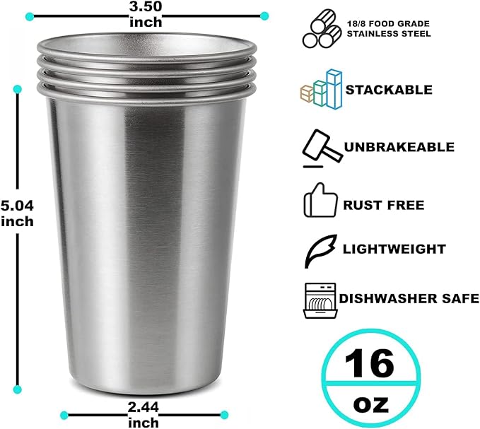 8 Pack 16oz Stainless Steel Pint Cup,Healthy Unbreakable and Stackable,Metal Drinking Glasses