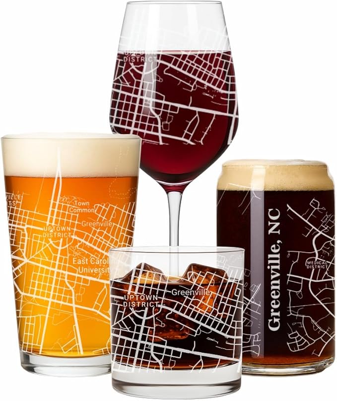 Blue Ridge Mountain Gifts - Greenville Souvenir - North Carolina Glassware Gift, Etched City Map, Laser Engraved and Dishwasher Safe