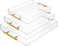 3 Pack Clear Acrylic Serving Tray with Gold Handles Serving Tray Spill Proof Acrylic Bathroom Decorative Tray Organizer for Coffee Table Countertop Appetizer Breakfast Vanity