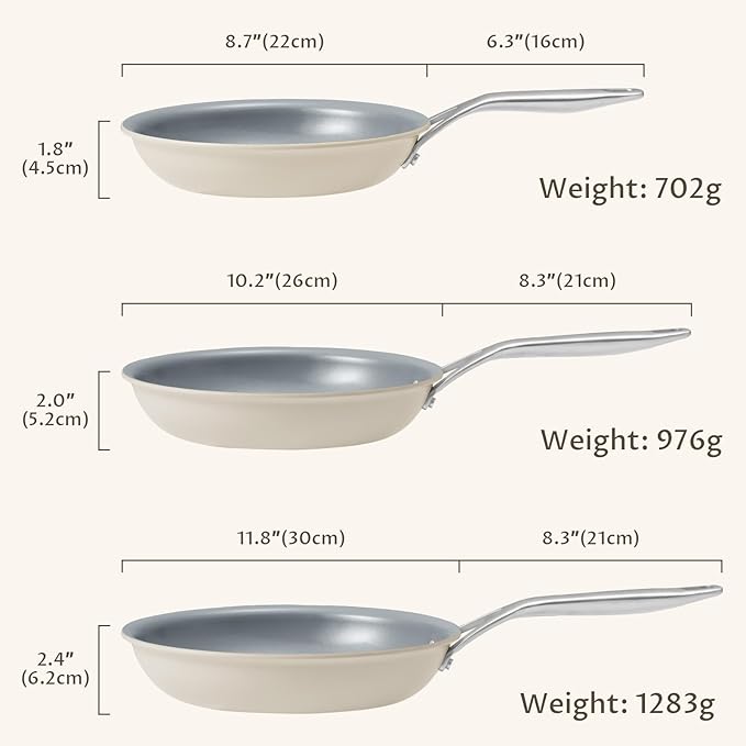 Non Stick Frying Pans Set, Ceramic Frying Pans Nonstick, 3-Piece Nonstick Induction Skillet Set (8", 9.5", 11") with Cast Steel Handles, SolidPlate Induction Base, PTFE/PFAS Free, Oven Safe