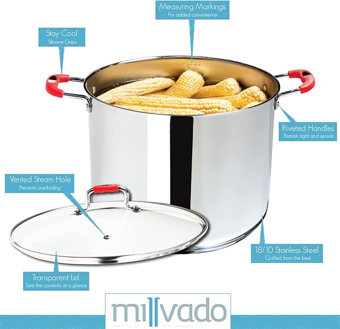 Stock Pot, Large Stainless Steel 17 Quart StockPot, Large Cooking Pot, Clear Glass Lid and Measurement Markings, Steam Hole, Induction, Gas, Electric Compatible Big Boiling Pot