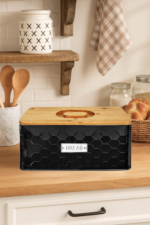 vensovo Bread Box for Countertop – Large Black Metal Bread Bin with Bamboo Cutting Board Lid, Farmhouse Bread Storage Container for Homemade Bread, Baked Goods & Kitchen Counter Organization