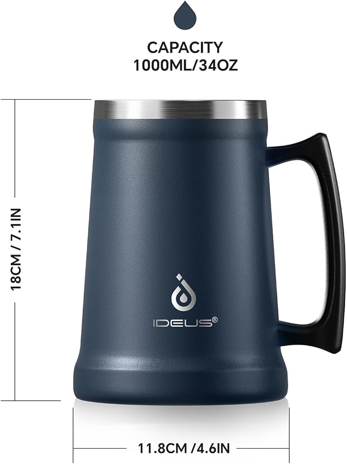 Ideus Insulated Beer Stein, 24/32oz Stainless Steel Double Walled Beer Mug Giant Bar Drinkware Metal Beer Cup with Big Grip Handle (Navy Blue, 34oz (1,000ml))