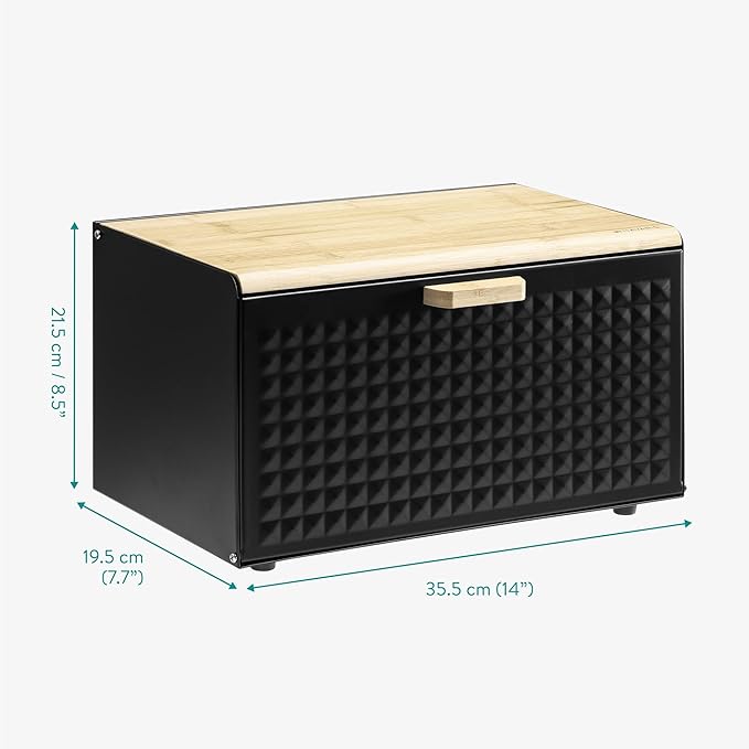 Navaris Metal Bread Bin Container with Bamboo Lid - Large Aesthetic Black Bread Bins for the Kitchen - Bread Box Containers for Small Items Storage - Bread Storing Bin Set