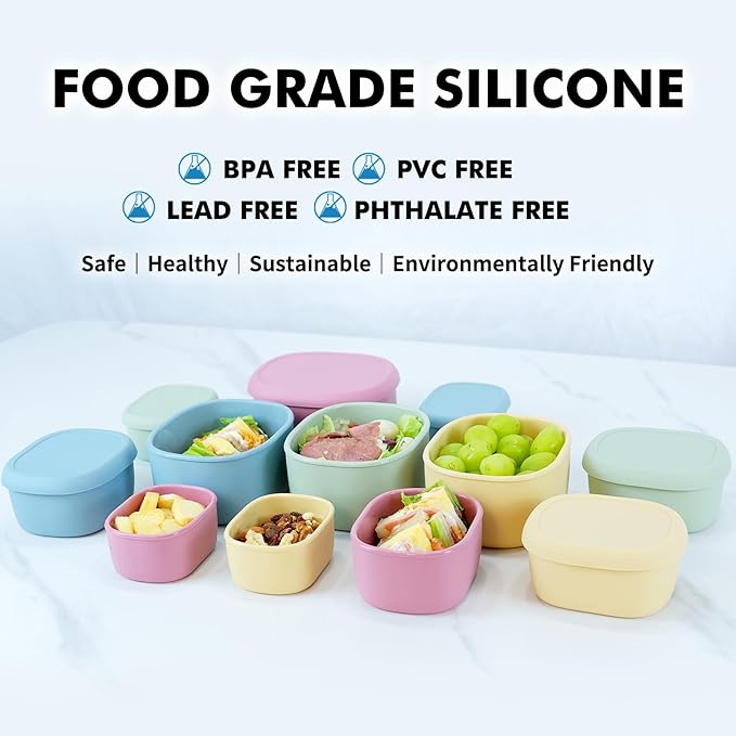Anatole Silicone Food Storage Lunch Bento Box Set of 3 Reusable Nesting Containers with Lids BPA Free Dishwasher Microwave Oven Freezer Safe Leakproof (6.7oz, 10oz, 20oz)
