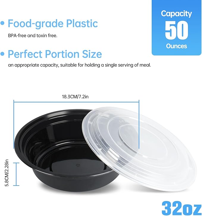 32oz Disposable meal prep containers with lids, 50 Pack (100-Piece) Black Round,Reusable take out food containers,BPA-Free,Stackable Bento Box,Lunch containers microwave Dishwasher safe