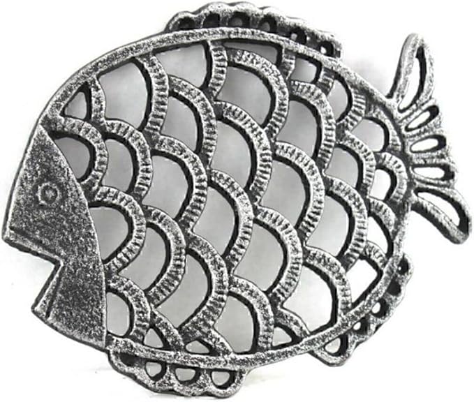 Antique Silver Cast Iron Big Fish Trivet 8" - Sea Decor - Coastal Beach Decor