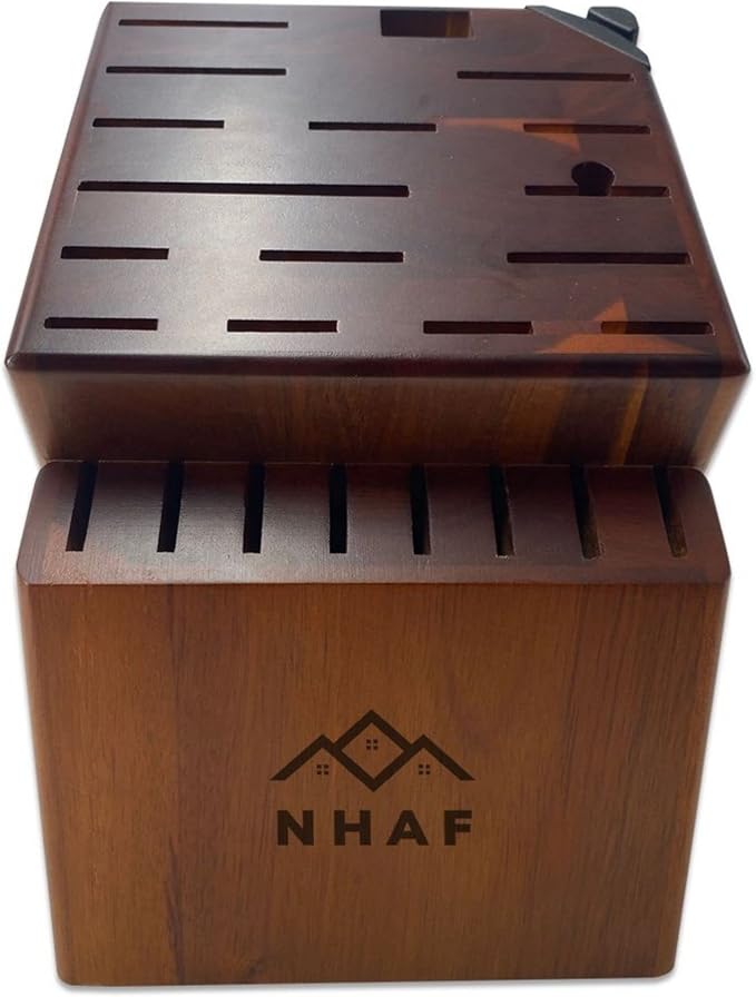 24 Slot Knife Block without Knives, Built-in Sharpener, NHAF Premium Wooden Knife Storage Block, Rubber & Acacia Wood Knife Block, Kitchen Knife Holder (3 gifts accessories included)