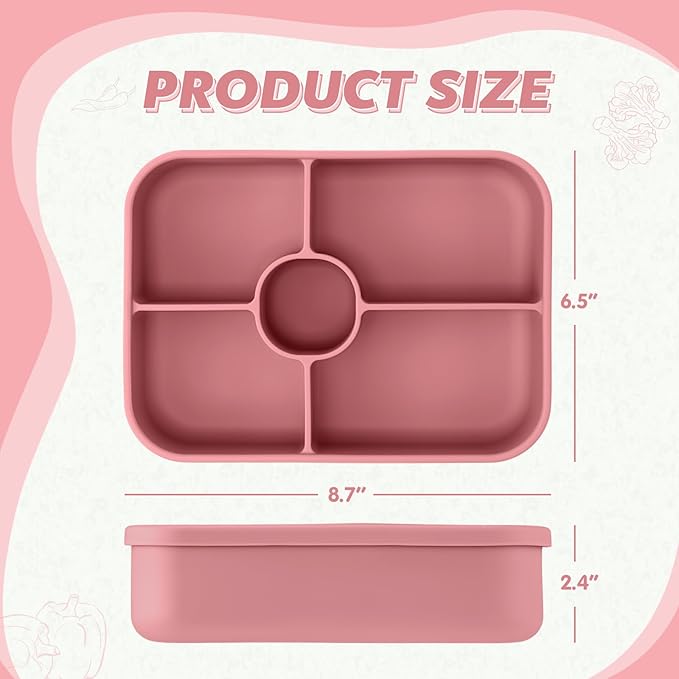 4 Pack Silicone Bento Boxes for Adults, 5 Compartment Reusable Lunch Containers with Sauce Section, Leakproof Meal Prep Snack Box Microwave & Dishwasher Safe for Work School Office(Pink Green Color)