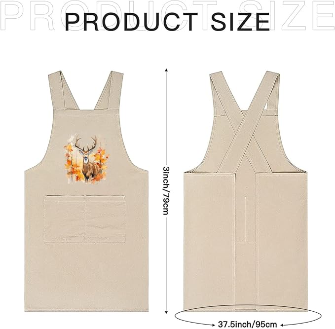 Cotton Linen Apron Non-tie Cross Back Kitchen Apron with Pockets Soft Comfortable Durable for Cooking Baking Gardening (Khaki,Deer)