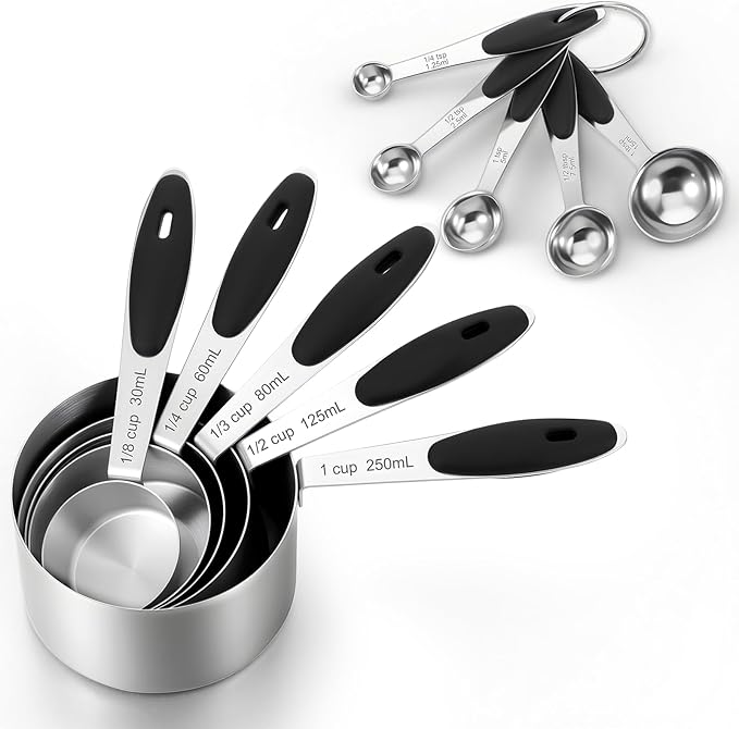 Measuring Cups and Magnetic Measuring Spoons Set of 10 Piece Nesting Metal Measuring-Cups Set Soft Silicone Handles for Dry and Liquid Ingredients Cooking and Baking