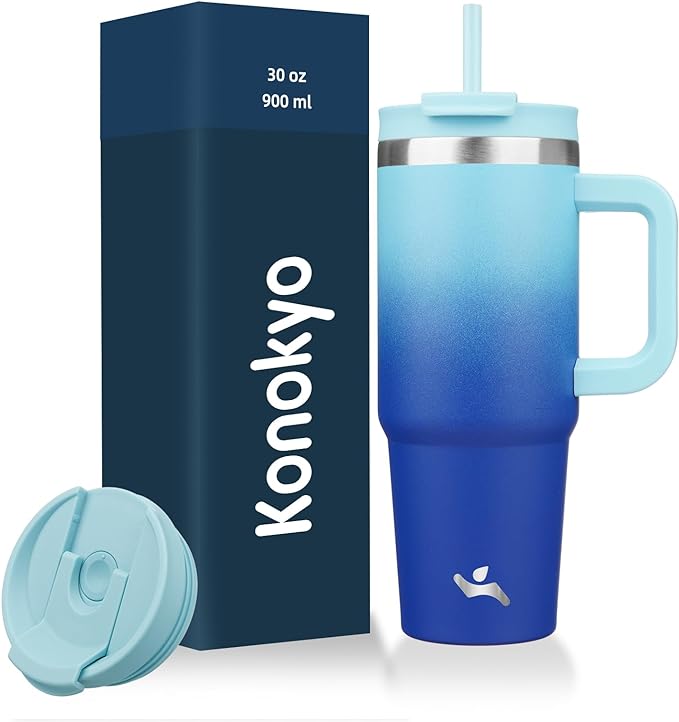 30 oz Tumbler with Handle and 2 Straws,2 in 1 Lid Insulated Water Bottle Stainless Steel Travel Coffee Mug,Sky
