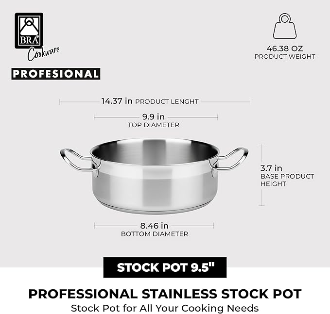 BRA COOKWARE Profesional 18/10 Stainless Steel Stock Pot w/Glass Lid | 9.5 Inch 4 Quart Professional Cooking Pot | 5.5mm Thick Base | PFOA Free Deep Pot | All Cooktops | All Cooktops & Oven Safe