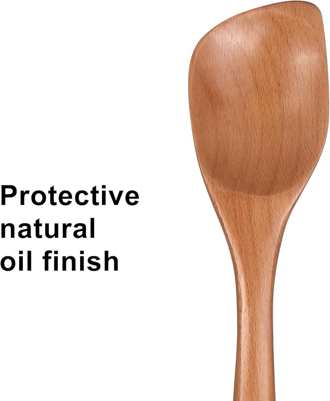 Large Wooden Cooking Spoon Mixing Serving Spoon Best Oak Wood Spoons for Cooking Spatula Non Toxic Kitchen Utensil 12.5 Inch Long Handle Spoon Big Stirring Corner Spoons