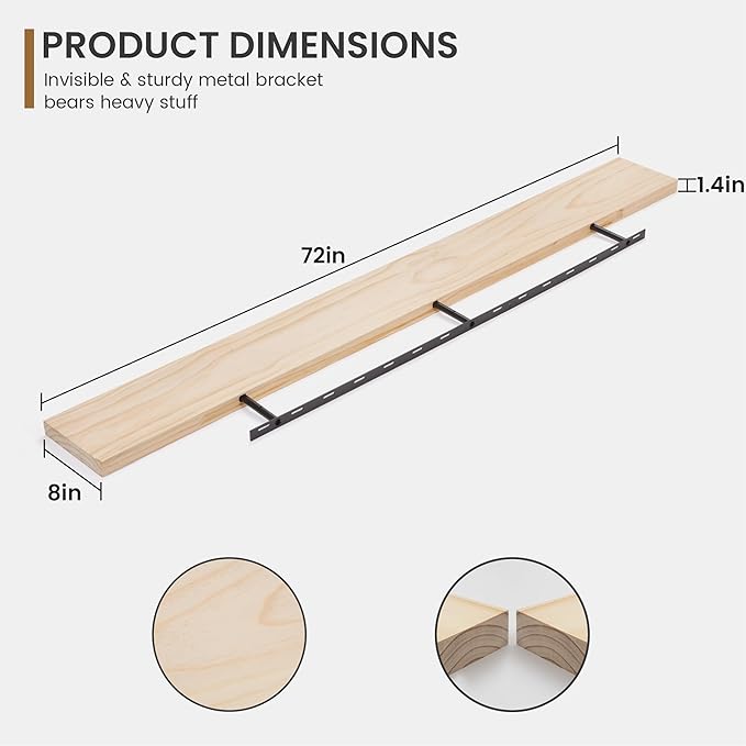 Fun Memories Floating Shelves 72 Inches Long - 8 Inch Deep Rustic Solid Pine Wood for Storage - Farmhouse Wall Mounted for Living Room - Heavy-Duty Metal Bracket - 72" W x 8" D - Natural Unfinished