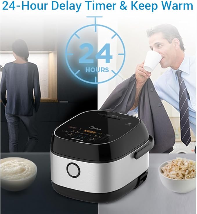 Midea 3L Rice Cooker with Steamer Basket, 6-Cup Uncooked Capacity, Induction Heating & Fuzzy Logic Technology, 24h Delay Start & Keep Warm, Non-Stick Inner Pot