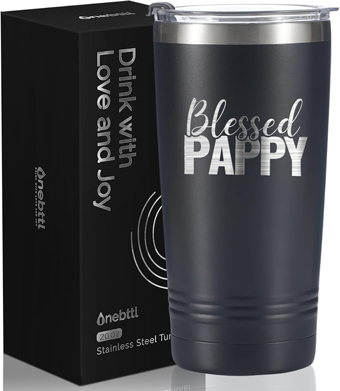 Onebttl Pappy Gifts, Grandpa Father's Day Gifts from Grandchildren, Laser Engraved Design, 20oz/590ml, Stainless Steel Tumbler with Straw & Lid, Black - Blessed PAPPY