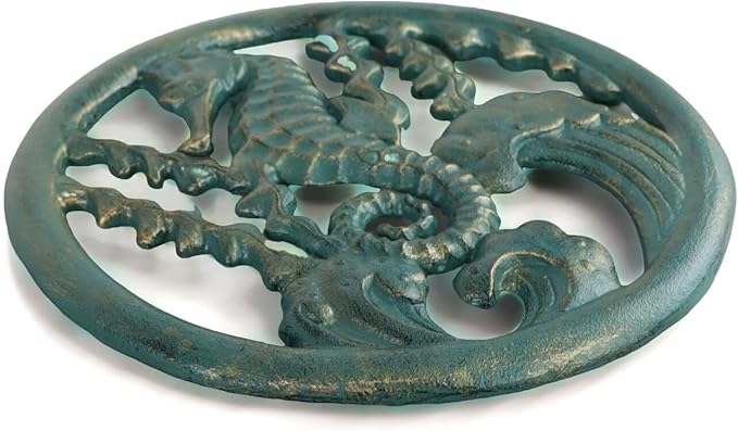 Cast Iron Trivet, Heavy Duty Pot Holder, Seahorse Seagrass Design, Heat Resistant Decorative Kitchen Dining Table Accessory for Hot Pans, Coffee Pots, BBQ