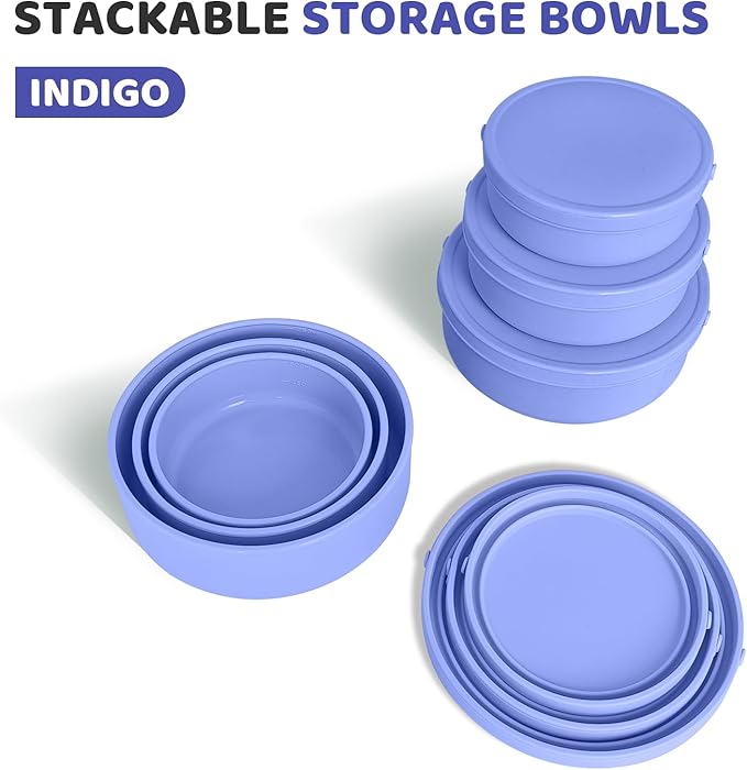 Silicone Food Storage Containers Bowl, Set of 3 Reusable Silicone Bento Lunch Box Containers with Lids (17oz, 25oz, 42oz) Dishwasher, Microwave and Freezer Safe (Indigo)