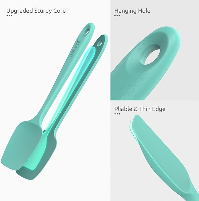 U-Taste Flat Spatula & Spoon Spatula: 11.38in 600ºF Heat Resistant Silicone Bowl Scraper, Flexible Rubber Kitchen Cooking Mixing Utensil with Upgraded Non-Stick Surface (Set of 2, Aqua Sky)