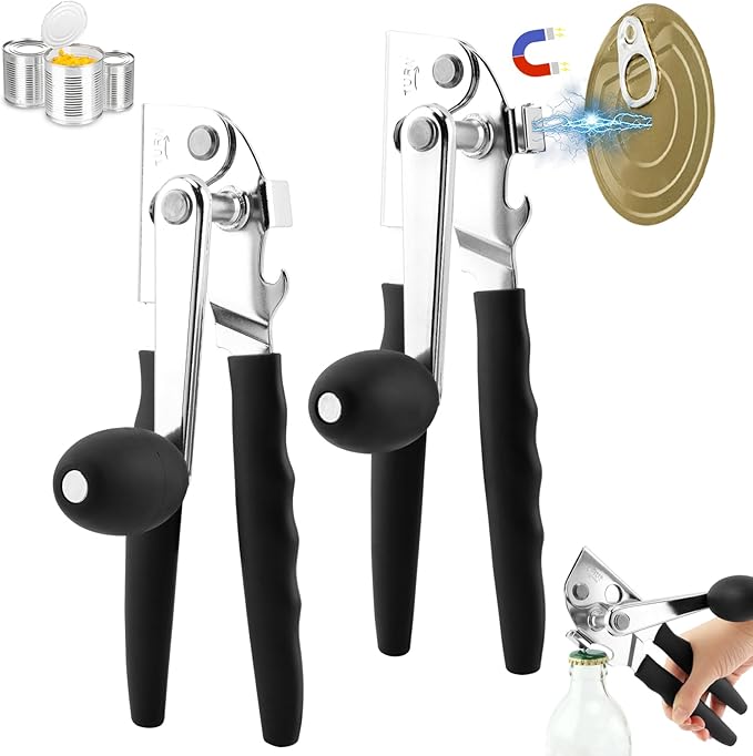 2 pcs Can Opener Manual,Can Opener with Magnet,Can Openers Hand Held Heavy Duty,Bottle Opener,Can Opener Manual Hand Crank,Classic Multifunction Can Opener,Can Opener Smooth Edge