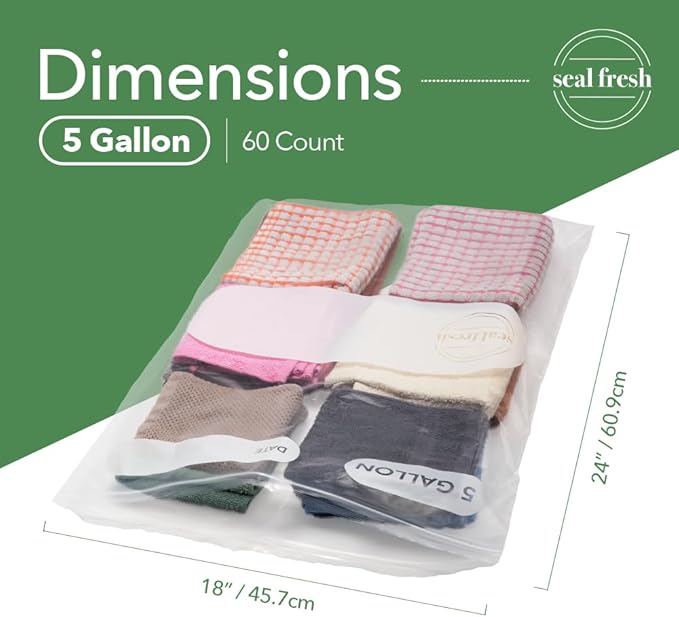 5 Gallon Large Plastic Storage Bags – 18" x 24" (60 Count) – Reusuable XXL Extra Large Heavy Duty Clear Jumbo Freezer Zip Bags with Sealable Zipper Top For Clothes, Travel, Moving