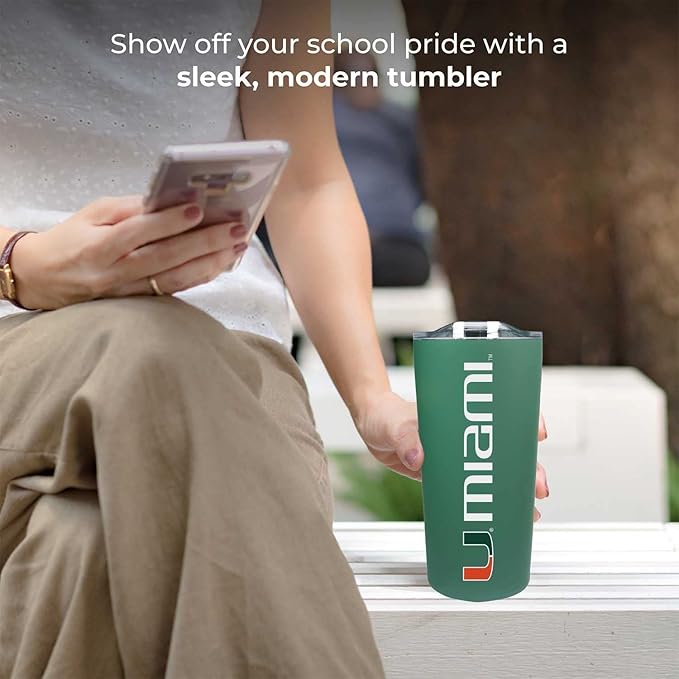 Campus Colors College Stainless Steel, Double Walled, Vacuum Insulated, Reusable Collegiate Tumbler with Slider-Top Lid for Travel, Sports, and Coffee, 18 oz (Miami Hurricanes - Green)