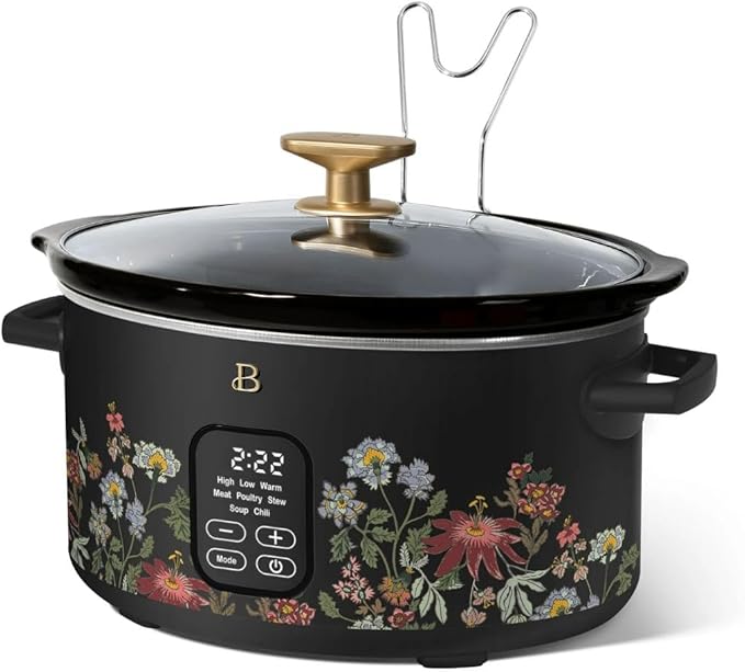 Beautiful 6 Qt Programmable Slow Cooker by Drew Barrymore - 5 Preset Cooking Functions, Digital Countdown Timer, Dishwasher-Safe Parts and Cool-Touch Handles -Wildflower Black Sesame
