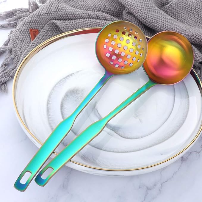 Buyer Star 2 Pcs Soup Ladle Colander, rainbow Cookware Serving Long Handle Steel Slotted Spoon Cooking Utensil Set for Hotpot
