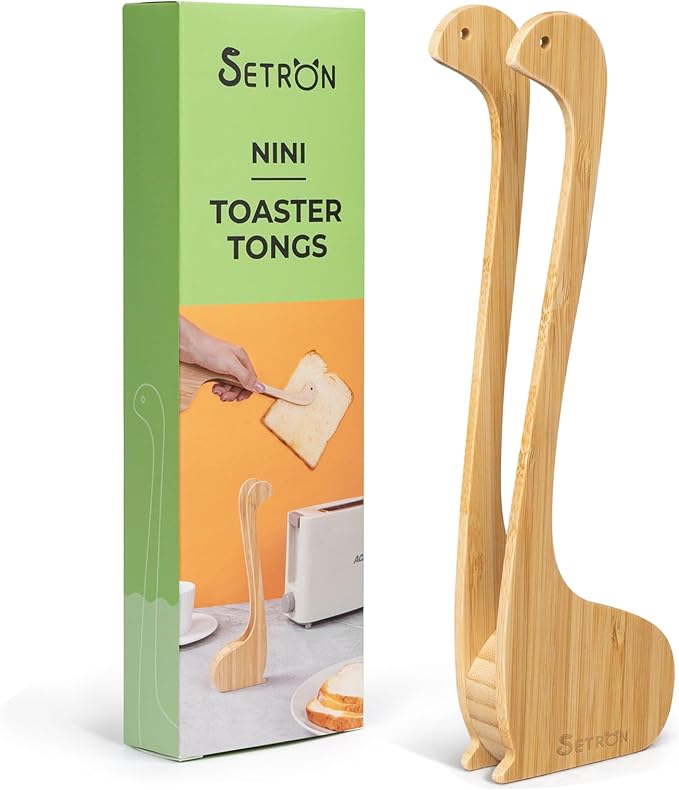Bamboo Nessie Toast Tongs – 10” Toaster Tongs for Bread & Bagels, Heat-Resistant Bamboo Kitchen Tongs with Anti-Slip Grip, Cute Loch Ness Monster Design for Cooking & Serving