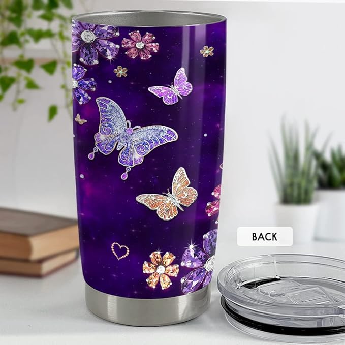 SANDJEST Purple Butterfly Tumbler Jewelry Style Butterfly Lover 20oz Tumblers with Lid Gift for Women Girl Daughter Sister Mom Christmas Birthday Present